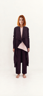 Cardigan Plissé Lungo con Collo Drappeggiato